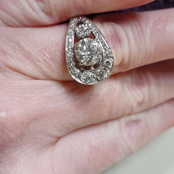 Old European cut diamond ring 14kt white gold U design - Picture 4 of 17